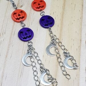 HANDMADE Orange Purple Pumpkin Moon Dangle Chain Earrings